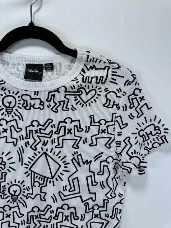 Keith Haring Graphic Crop T Shirt White Black Print Cotton Girls XL - Picture 2 of 5